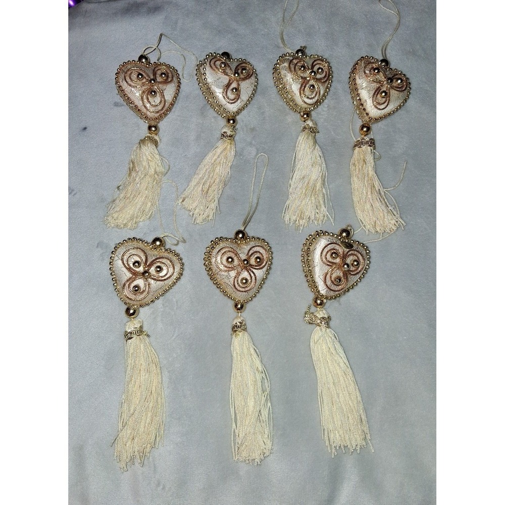 Vintage Heart Christmas Ornaments Set of 7 Gold Tassel Ornate 6" Made in China